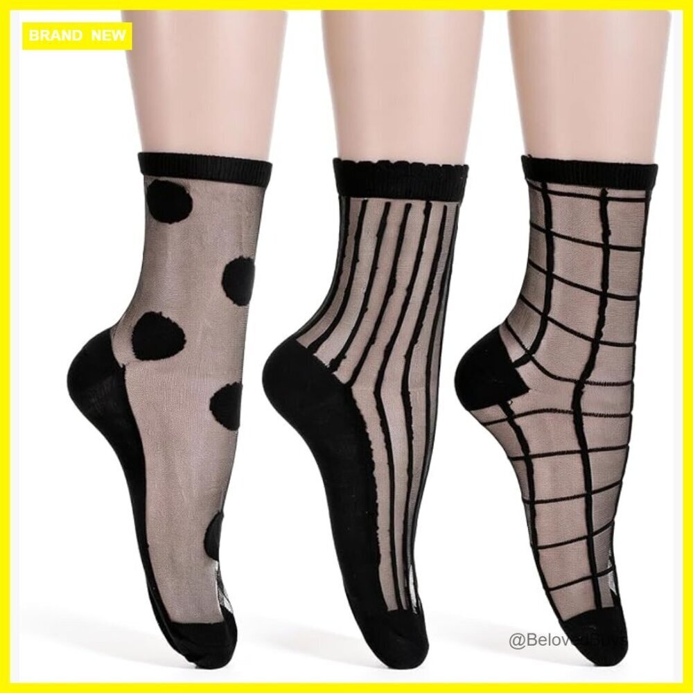 3 Pairs Sheer Ankle Socks Ultra Thin Transparent See Through Stripes Geometric